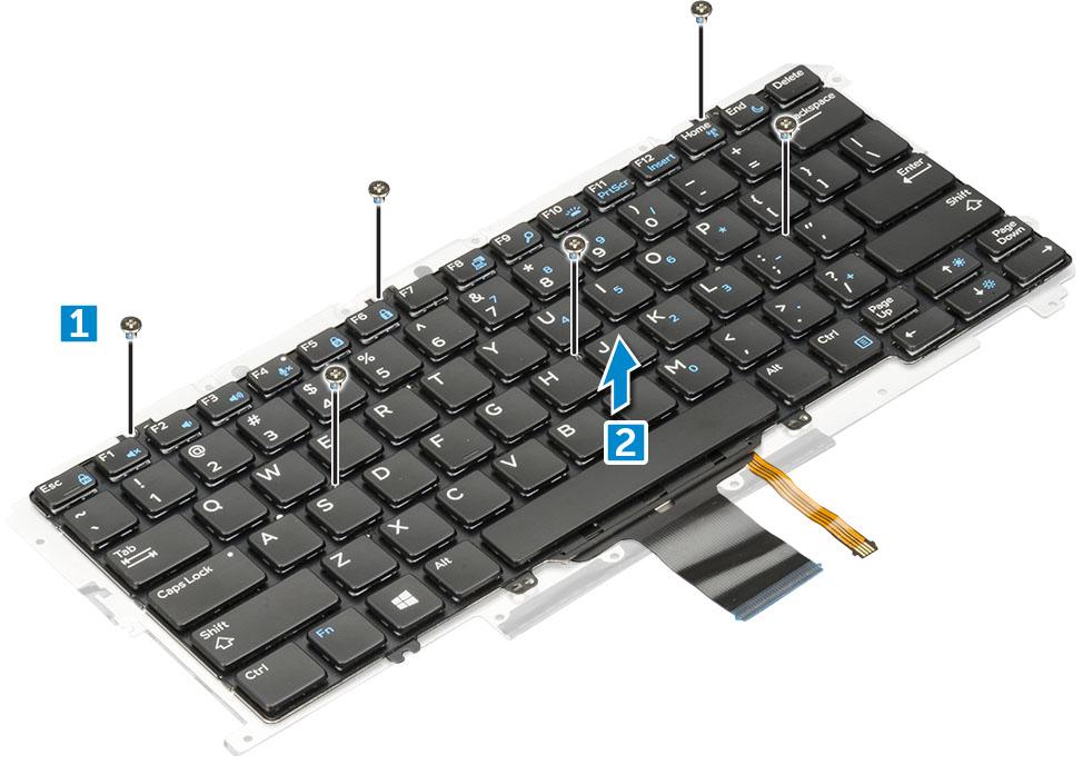 Instaliranje tastature na nosač tastature 1 Poravnajte tastaturu sa držačima zavrtanja na nosaču tastature. 2 Pritegnite zavrtnje M2,0 x 2,0 da biste učvrstili tastaturu za nosač tastature.