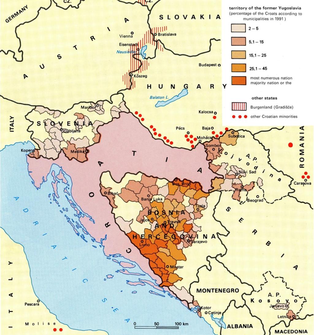 Slika 1: Hrvati u susjednim državama 7 Hrvatska narječja Slika hrvatskih narječja sastavljena je od tri narječne skupine: čakavske, kajkavske i štokavske.
