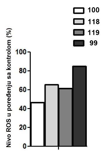 lika 35. ivo unutarćelijskih R MCF-7 ćelija posle inkubacije 24 sata sa jedinjenjima 100, 118, 119 i 99 (c = 25 µm) u poređenju sa kontrolnim ćelijama (100 %).