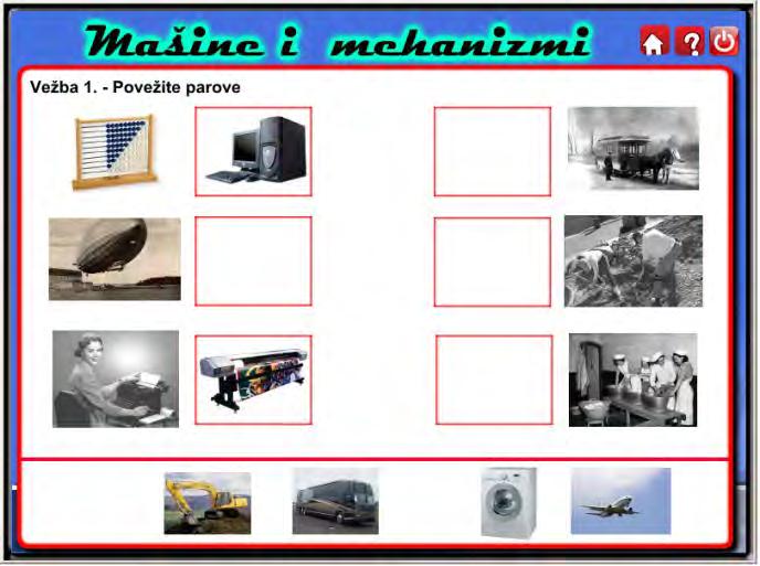 Уводни радни екран интерактивног образовног софтвера У развијеном софтверу,,машине и механизми приказане су следеће теме: Кретање, Полуге, Полужни механизми, Системи зупчаника, Зупчасти точак и