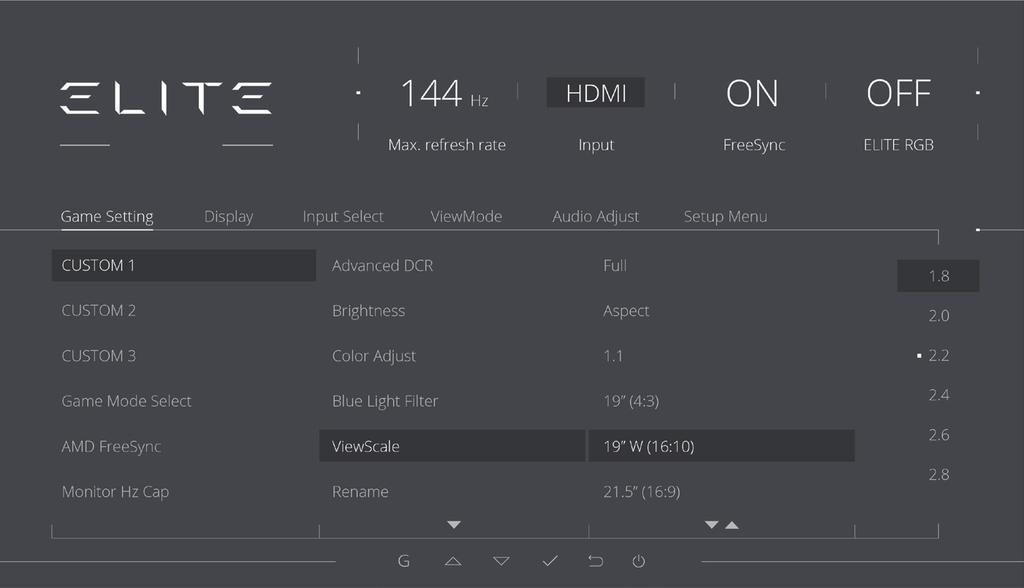 XG350R-C Menu Gaming Settings Custom 1 Response Time OD Standard Fast Faster Ultra Fast Fastest Explanation (i) Hertz Limiter Native (100Hz) / 60Hz Black Stabilization 0~22/1 Advanced DCR 0~20/1