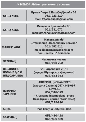 O`alo{}eni: suprug Nedeqko, sinovi Bo`idar i Danijel, majka Borka, sestra Gospa, bra}a ]iro i Goran, snahe, unu~ad, te ostala rodbina, prijateqi i kom{ije 52954 A-8 M SAVKI VUKMIR od sestre Zorke,