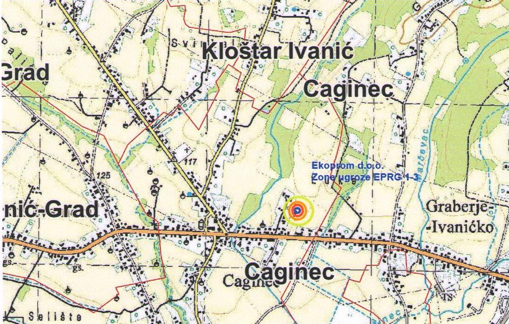 Grafički prikaz: Prikaz zona za postrojenje operatera Ekoprom d.o.o. INOKEM d.o.o. Postrojenje operatera sa nalazi na adresi: Industrijska cesta 12 Ivanić-Grada.