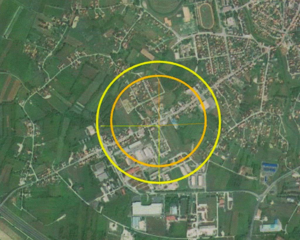 Grafički prikaz: Zone ugroženosti uslijed eksplozije para UNP-a Narančasta zona udaljena je od izvora 312 m te se procjenjuje da bi unutar nje došlo do ozbiljnih ozljeda stanovništva.