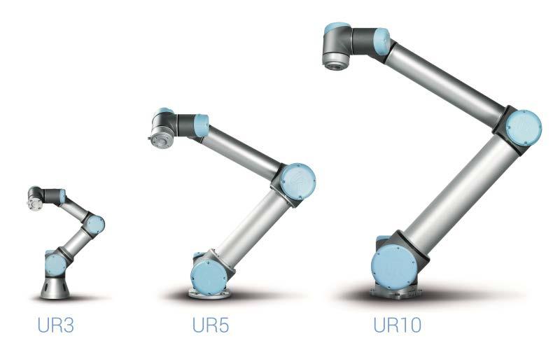 Slika 3.2. Postava robota proizvođača Universal Robots Svi roboti sastoje se od šest revolutnih zglobova i ubrajaju se u robote sa šest stupnjeva slobode gibanja.