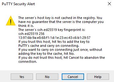 Slika 7 sigurnosno upozorenje vezano za ključ udaljenog računala Nakon povezivanja pojavljuje se prozor u koji je potrebno unijeti korisničko ime i