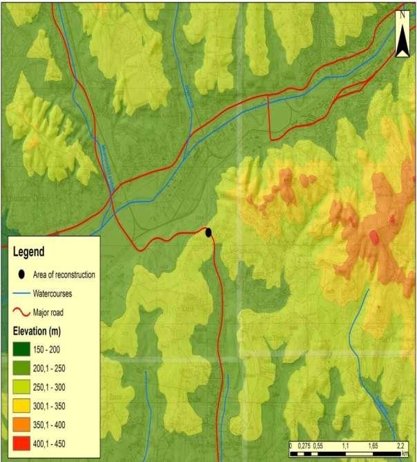 5. USLOVI OD POSEBNOG ZNAČAJA 5.1. GEOGRAFSKI USLOVI Teren uglavnom ima nadmorsku visinu od 250 do 300 metara, kako se vidi na na slijedećoj slici.