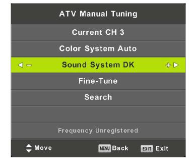 AUTO, PAL, SECAM) Sound System (Sustav zvuka) Odabir sustava zvuka Fine Tune (Fino