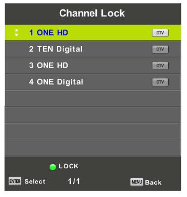 Channel Lock (Zaključavanje programa) Pritisnite / kako bi odabrali Zaključavanje programa, zatim pritisnite ENTER kako bi ušli u podizbornik.