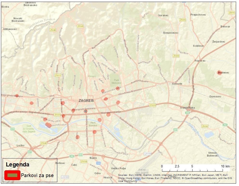 Sl. 4. Karta s označenim parkovima za pse na području grada Zagreba Broj pasa koji dolaze na jedan park unutar gradskih četvrti prikazan je u Tab.