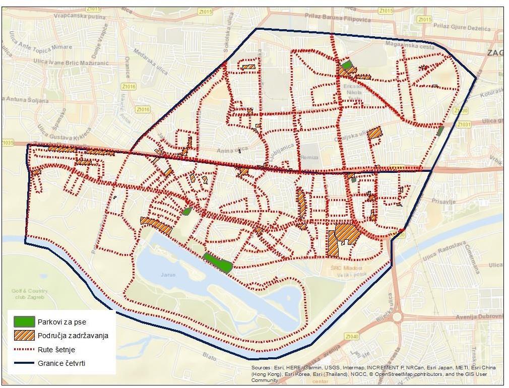 šetači pasa u svakom slučaju na područja obje gradske četvrti koriste iste oblike prostora prilikom zadržavanja, tzv. hotspot područja, a to su zelene otvorene površine i parkovi za pse.