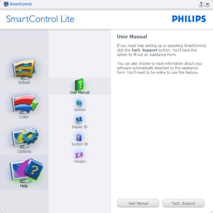 Na nepodržanom ekranu koji je sposoban za DDC/CI, samo su prozori Help (Pomoć) i Options (Opcije) dostupni. Nijedna druga SmartControl Lite tabela nije dostupna.