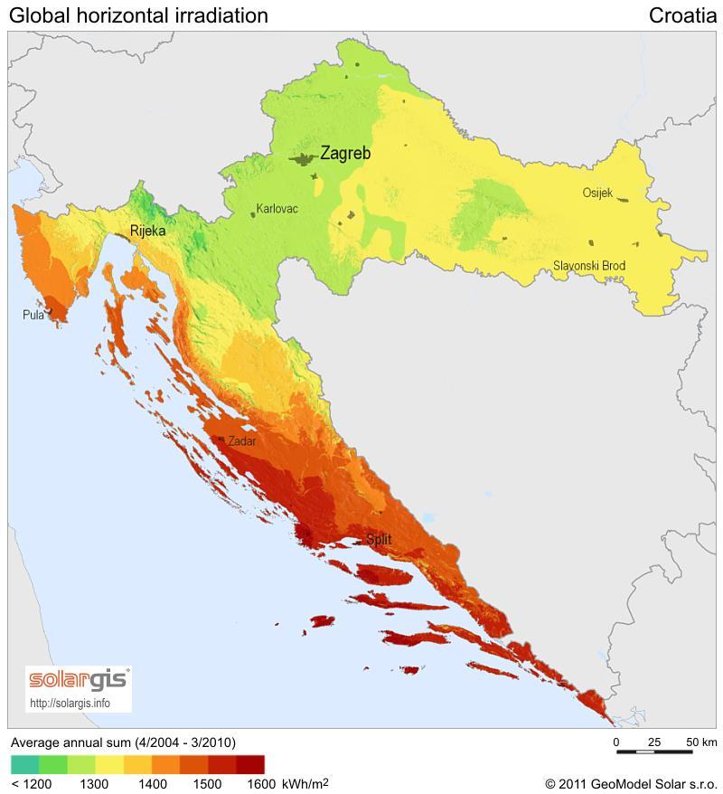 Slika 1. Insolacija u Hrvatskoj [10] Kako bi se smanjio naš ugljični otisak, razni načini pristupa su proučeni od velikog broja autora.