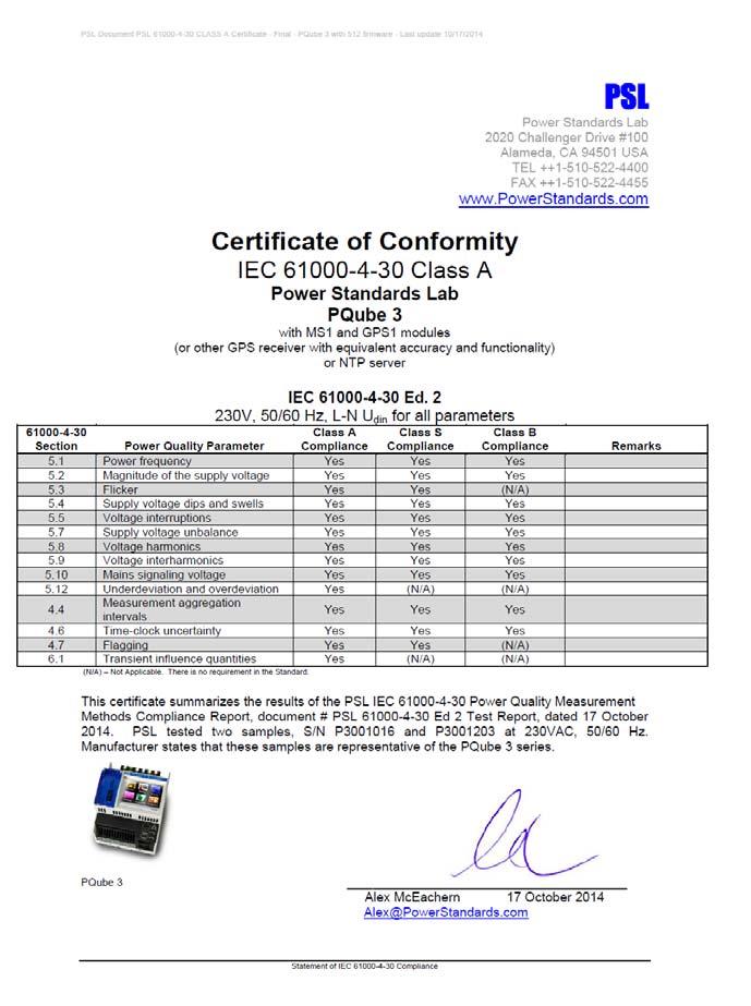 2.4. Certifikat o sukladnosti Uz svaki uređaj za koji se deklarira sukladnost zahtjevima norme IEC 61000-4-30 ed 3 potrebno je dostaviti certifikat o sukladnosti normi.
