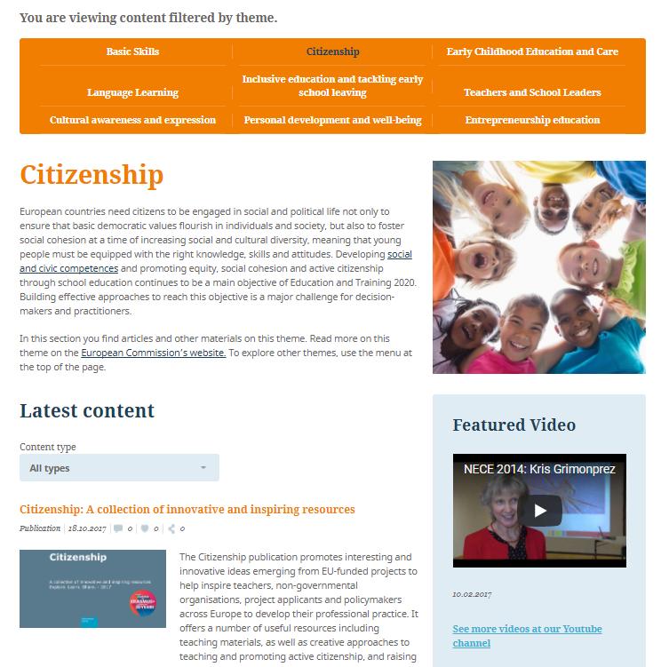 Stranice s temom Istražite sadržaj putem deset ključnih prioriteta u području školskog obrazovanja u EU-u: Osnovne vještine; Građanstvo; Obrazovanje i skrb u ranom djetinjstvu; Učenje jezika;