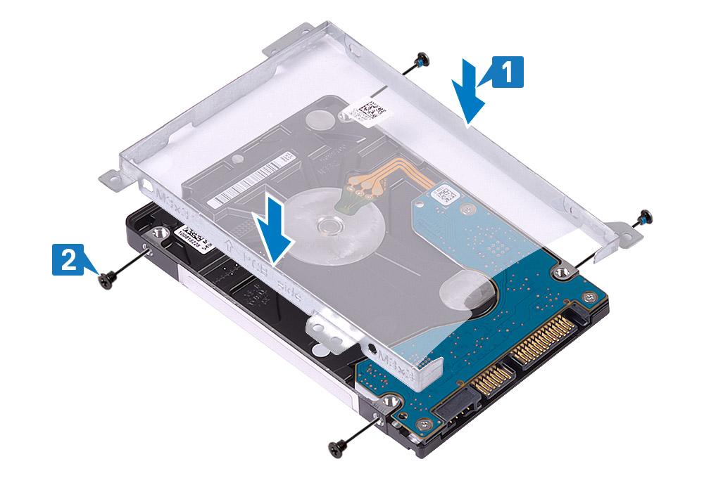 Montiranje sklopa hard diska 1 Poravnajte otvore za zavrtnje na nosaču hard diska sa otvorima za zavrtnje na hard disku [1].