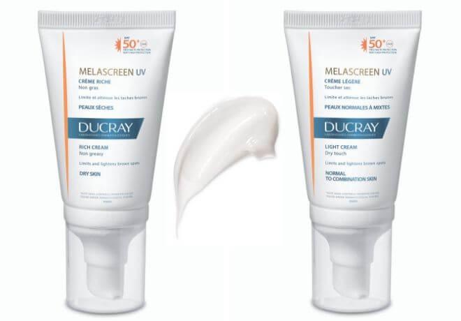 Melascreen Eclat lagana krema s vitaminom C (lijevo) i Melascreen Depigmentant krema za posvjetljivanje tamnih mrlja (desno) Melascreen UV lagana krema SPF 50+ i Melascreen UV bogata krema SPF 50+ -