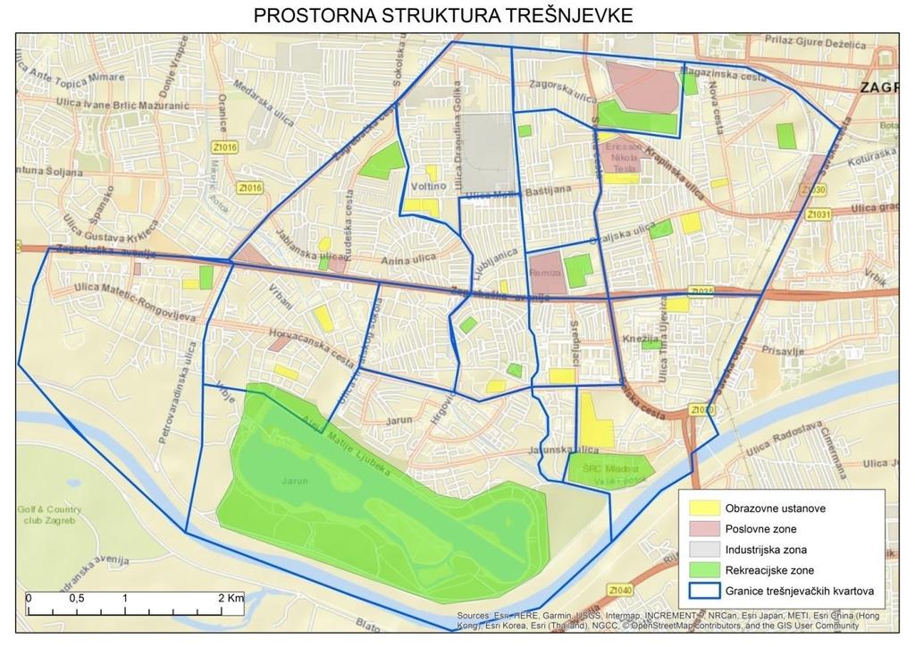 6. ZAKLJUČAK Sl.18. Prostorna struktura Trešnjevke Izvor: ArcGis, 2018 Trešnjevka, poznata radnička četvrt Zagreba, bila je i ostala važan zagrebački kvart, prostor brojnih metamorfoza.