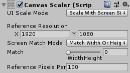 Canvas komponenta Canvas Scaler [18] komponenta se koristi za kontrolu cjelokupne veličine i gustoće piksela UI elemente na Canvas-u.