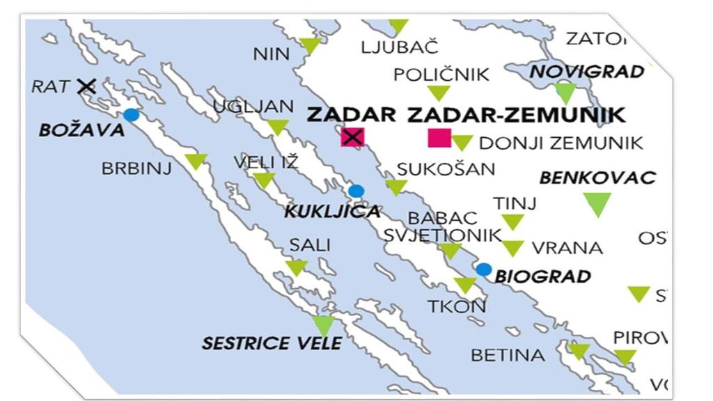 4. MATERIJALI I METODE Raspored postaja s kojih su prikupljeni meteorološki podatci U svrhu provjere naših ciljeva rada bilo je potrebno pribaviti meteorološke podatke s postaja u Zadarskoj županiji.
