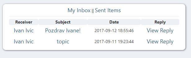 Klikom na link Sent Items otvara se novi blok koji sadrži sve poslane poruke u istom formatu kao što je prikazano u bloku dospjelih poruka sa jedinom razlikom u prvom stupcu tablice, odnosno umjesto