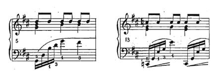 Slika 6 Preludij br. 6, taktovi 5 i 13 Pedal se mijenja na svaku dobu, a može se koristiti i polupedal kada se javlja motiv od četiri šesnaestinke u lijevoj ruci. 3.7. Preludij br. 7 u A duru Andantino Preludij br.