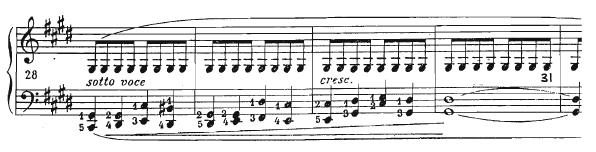 15, taktovi 1-4 Preludij je napisan u stilu nokturna, a forma mu je A B A. Početak je označen oznakom legato, stoga zvuk treba biti neprekidan, topao i mekan.