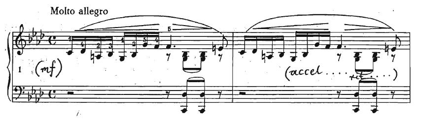 Ovdje Chopin opet upotrebljava unisono konstrukciju koja je već viđena u četrnaestom preludiju.