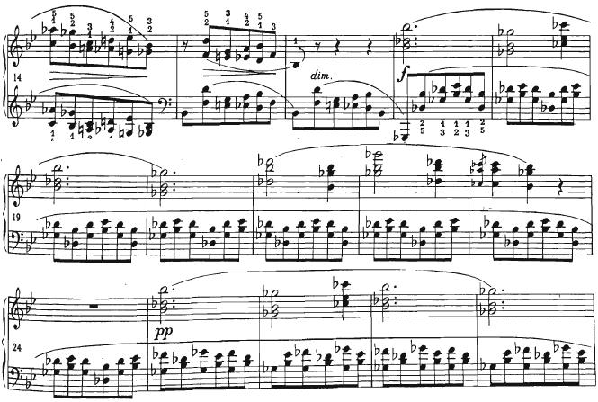 3.21. Preludij br. 21 u B duru Cantabile Nalik na nokturno, ovaj preludij donosi jasnu, široku melodiju s kontinuiranom pratnjom u osminkama.