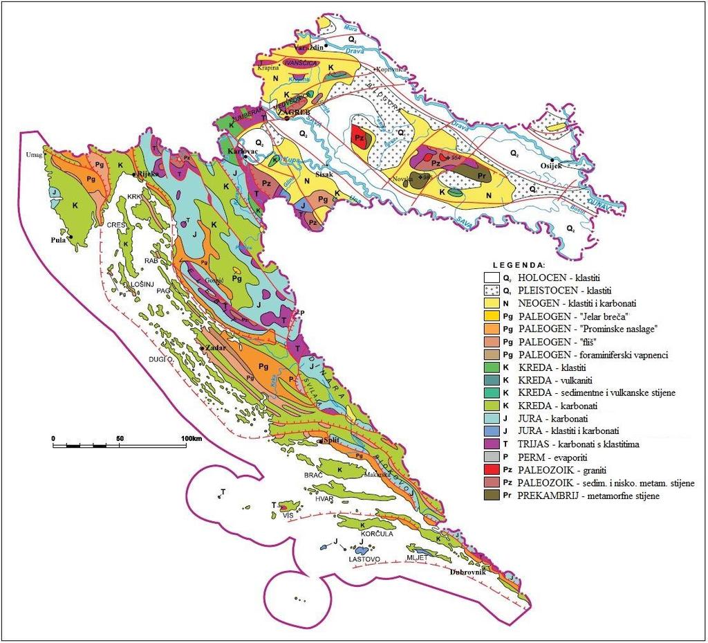 2. Geološke značajke istraživane lokacije Slika 2.1 Prostorni položaj stijena i tala u Hrvatskoj (prilagođeno iz Velić, 2007) Na slici 2.1. prikazan je prostorni položaj stijena i tala u Hrvatskoj.