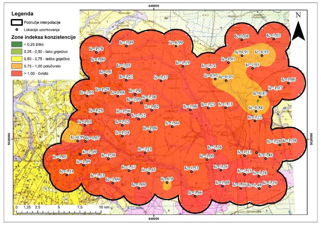 Prema općenitoj klasifikaciji indeksa konzistencije za tlo (tablica 3-2) može se zaključiti da je većina područja prekrivena glinom u čvrstom stanju konzistencije, a manji dio u polučvrstom što je i