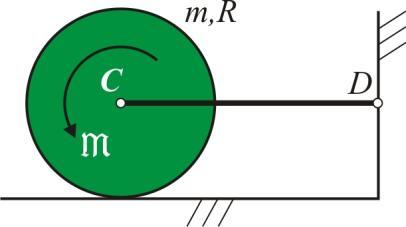 За обод диска масе m и полупречника R је обмотано уже чији је други крај непокретан. Слободан део ужета је паралелан стрмој равни на којој је постављен диск.