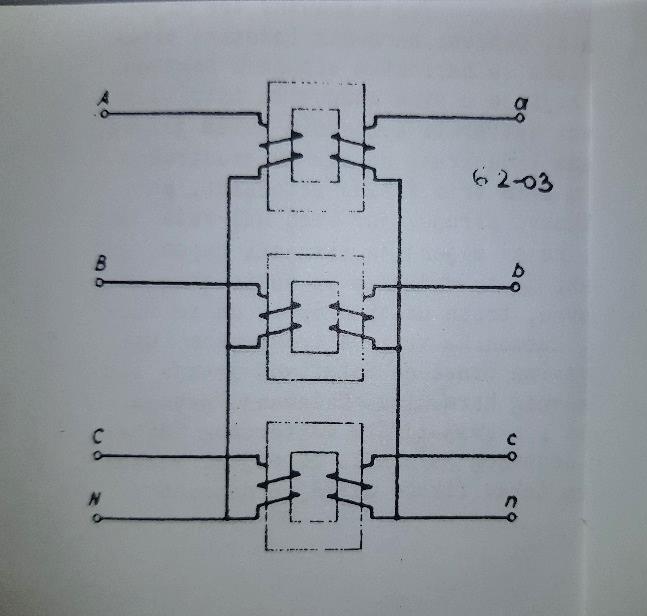 Slika 2.2.2. Tri jednofazna transformatora [2] Ako se ima tri jednofazna transformatora trofazno spojena sa zajedničkim nulvodom prema sl.2.2.2., kako se to upotrebljava u Americi, onda će svaki od jednofaznih transformatora povući iz mreže osim osnovnog harmonika struje magnetiziranja i sve više harmonike.