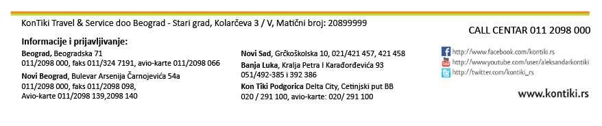 NAČINI PLAĆANJA: - avans od najmanje 40% od ukupne cene aranžmana prilikom prijave, a ostatak najkasnije 15 dana pre polaska na put. - gotovinski - čekovima građana do 6 mesečnih rata.