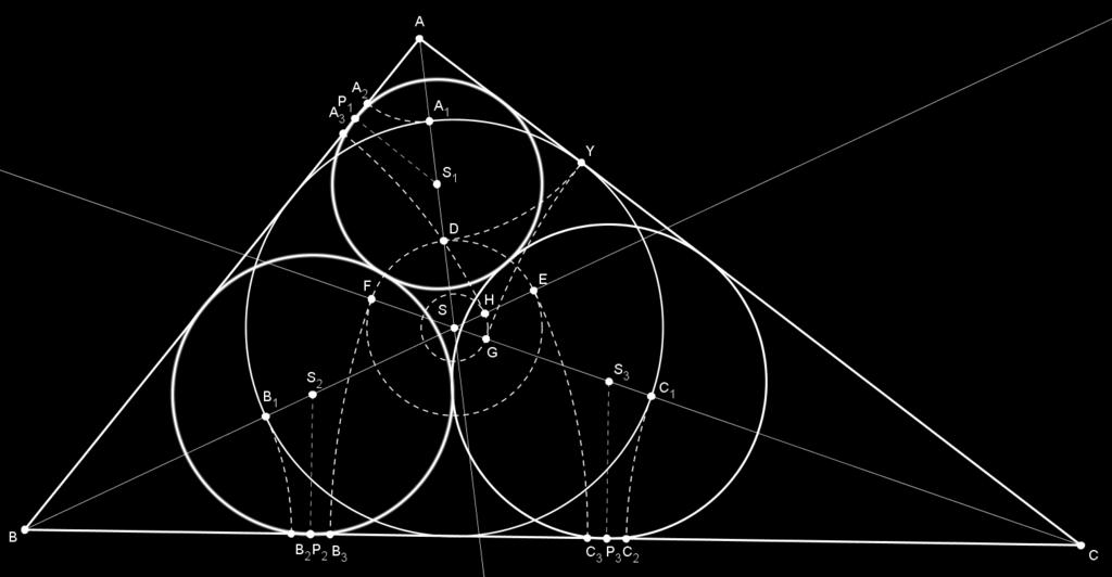 Kružnica sa središtem u C polumjera CF siječe dužinu BC u B 3 te kružnica sa središtem u B polumjera BE siječe istu dužinu u C 3. Kružnica sa središtem u C polumjera CY siječe dužinu CS u G.