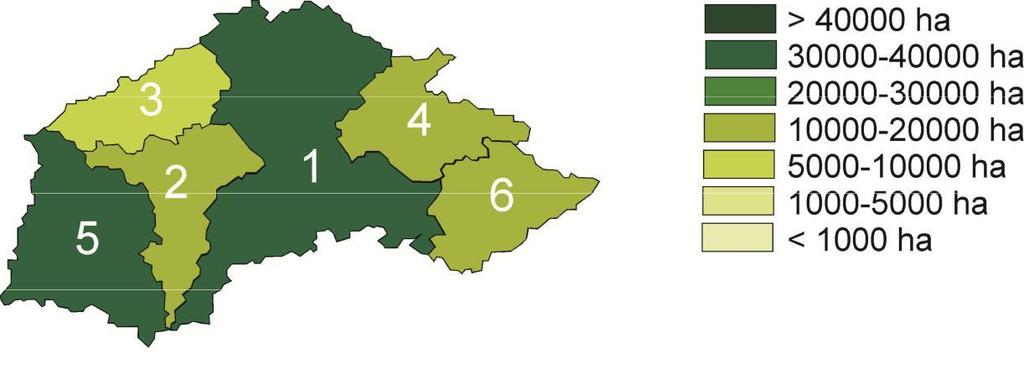 Слика 8 Површине под шумом по општинама у Јабланичком округу 1 Лесковац, 2 Лебане, 3 Бојник, 4 Власотинце, 5