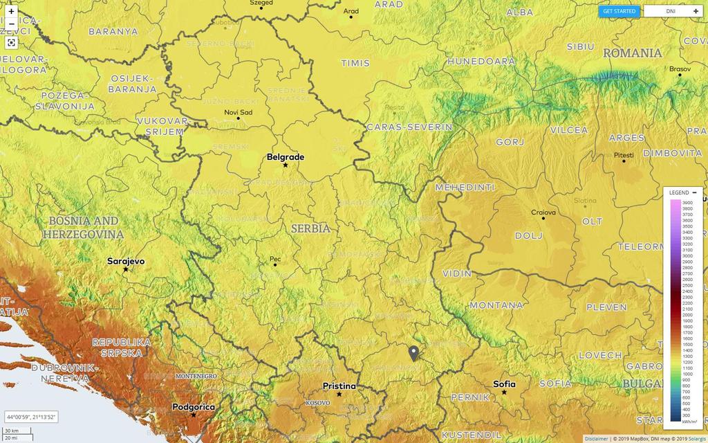 Слика 6 Годишњи просек дневне енергије глобалног сунчевог зрачења на хоризонталну површину [kwh/m2]на територији Србије На основу приложених