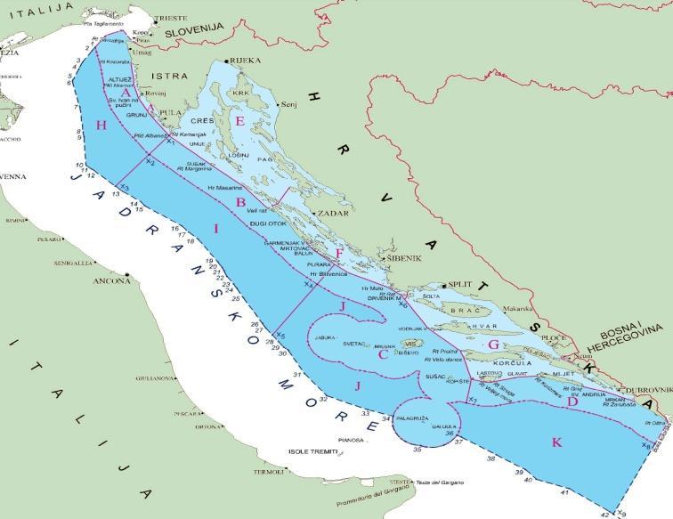 Slika 7. Istraţivano područje s podjelom hrvatskog akvatorija Jadrana u ribolovne zone (preuzeto iz Lazar 2009). 2.3.