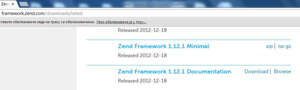 Preuzimanje framework-a Sa zvaničnog sajta Zend-a, preuzeti jednu od verzija