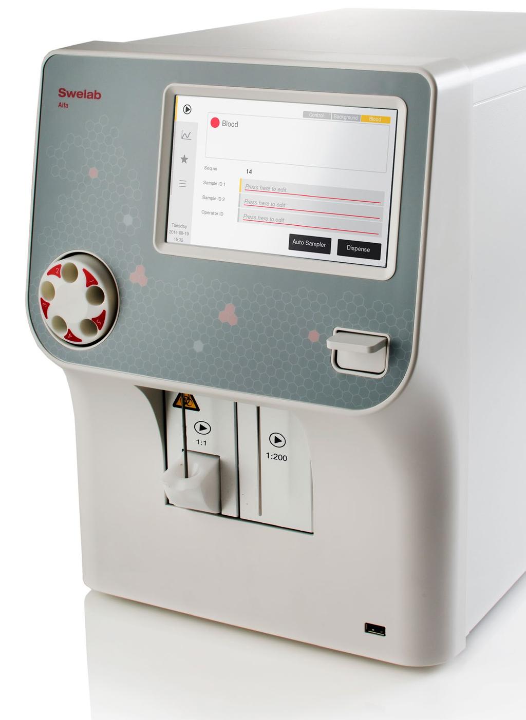 1. Uvod Pregled analizatora Pregled analizatora 1 6 2 7 3 8 4 5 9 Slika 1: Prikaz analizatora spreda 1 Ekran TFT-LCD ekran osetljiv na dodir koji prikazuje podatke o pacijentu i kontroli kvaliteta,