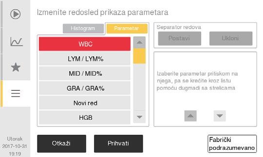 7. Struktura menija i napredno podešavanje Napredno podešavanje parametara Podešavanje odlaganja razređivanja Podrazumevano podešavanje za dugme za pokretanje razređivanja je vremensko kašnjenje od