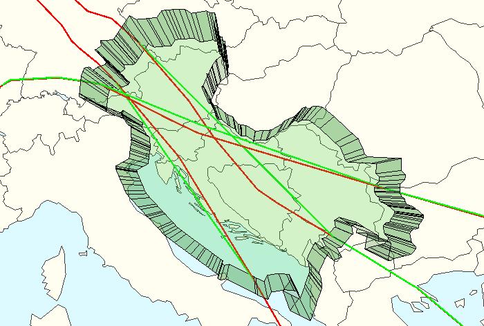 SECSI FRA od ulazne do izlazne točke prostora. Simulirane putanje označene su zelenom bojom, a osnovne crvenom. Slika 35.