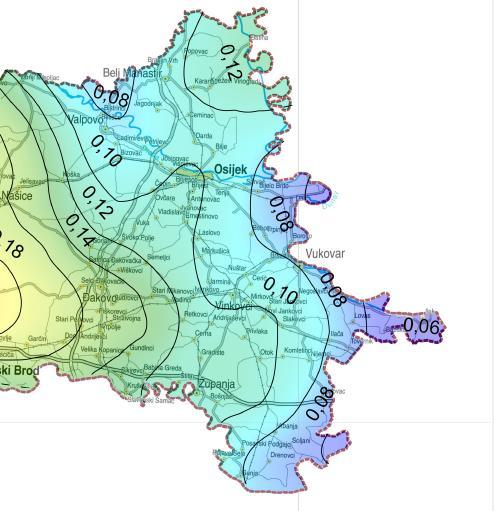 Sukladno potresnoj karti Republike Hrvatske vršnog ubrzanja temeljnog tla tipa A prouzročena potresom za povratno razdoblje od 475 godina,, vrijednost za sjeveroistočni