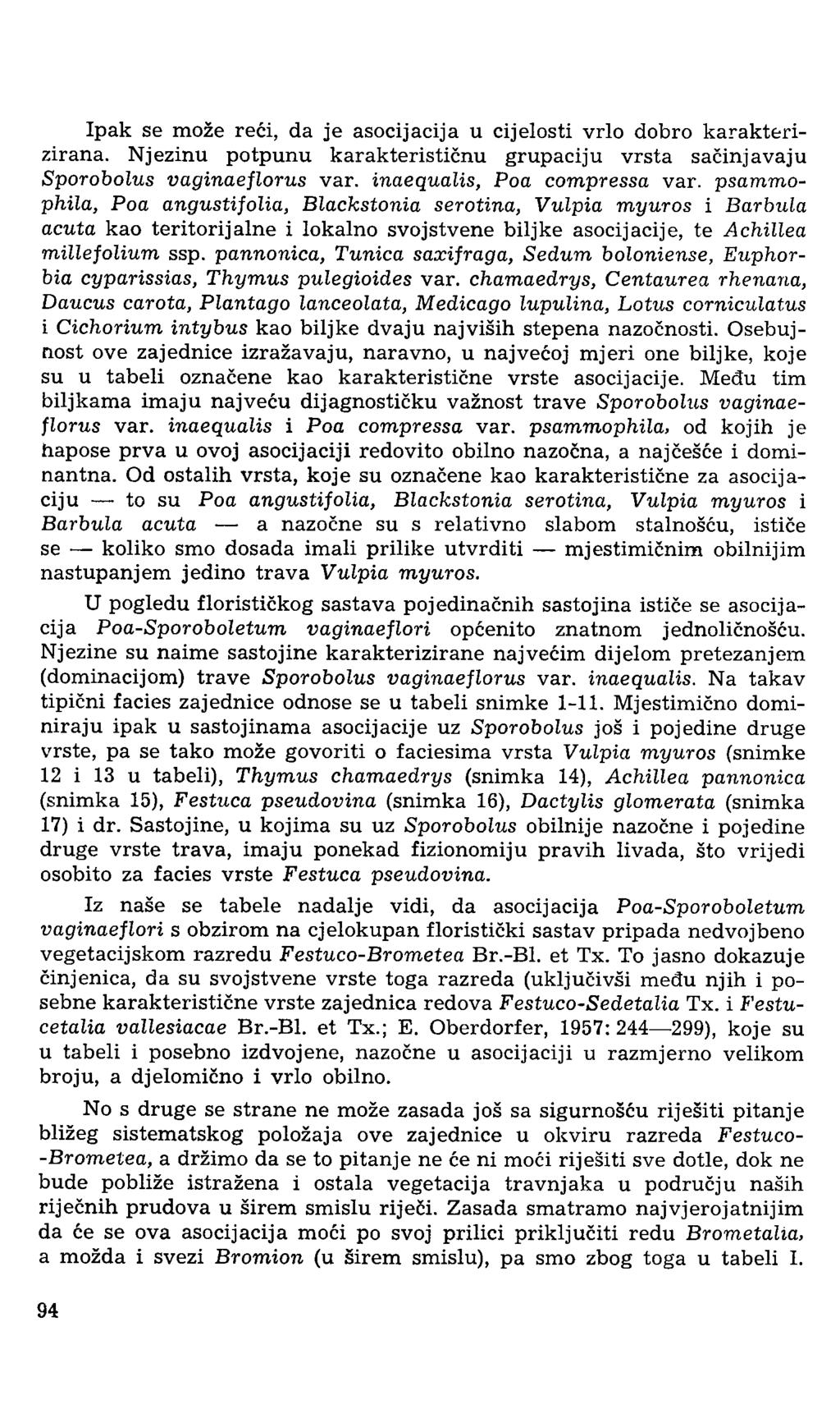 Ipak se može reći, da je asocijacija u cijelosti vrlo dobro karakterizirana. Njezinu potpunu karakterističnu grupaciju vrsta sačinjavaju Sporobolus vaginaeflorus var. inaequalis, Poa compressa var.