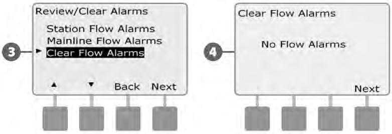 Brisanje alarma protoka Okrenite odabirač programatora na Module Status 4 Pojavljuje se ekran "Review/Clear Alarms" pregled i brisanje alarma.