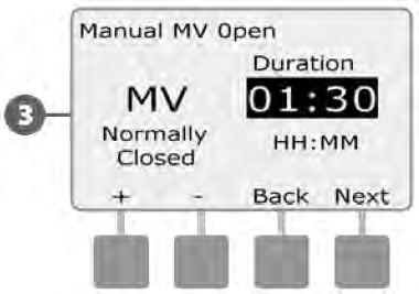 vremenski rok. Okrenite odabirač programatora na Manual Watering" Ručno navodnjavanje Poajvljuje se ekran "Manual MV Open".
