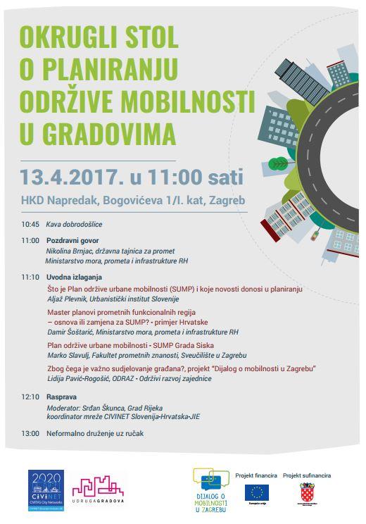 Događanja Okrugli stol o planiranju održive mobilnosti u gradovima Zagreb, 13. 4. 2017.