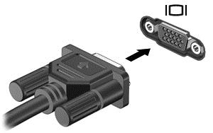 Da biste povezali monitor ili projektor: 1. Spojite VGA kabl monitora ili projektora na VGA priključak na računaru kako je prikazano na slici. 2.