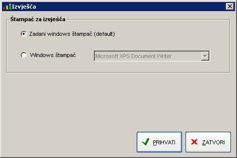 Na taj način promjena zadanog štampača u Windowsima neće imati utjecaj na prikaz i štampanje izvješća u programu. 3.2.7.