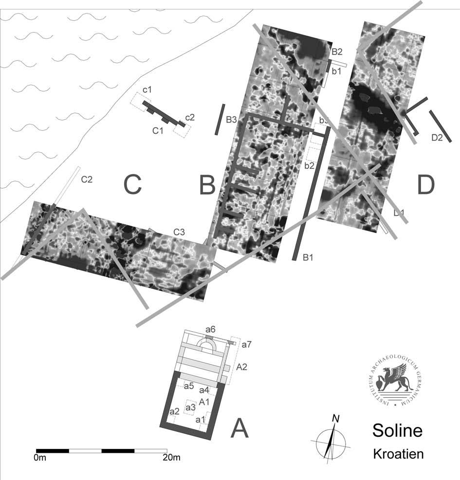 B. Kirigin et al., HVAR, OTOK SV. KLEMENT, UVALA SOLINE, ARHEOLOŠKA ISTRAŽIVANJA..., Ann. Inst. archaeol. VII/2011., str. 57-60 Sl. 1 Fig. 1 Plan lokaliteta s rezultatima magnetometrije (izradio: F.